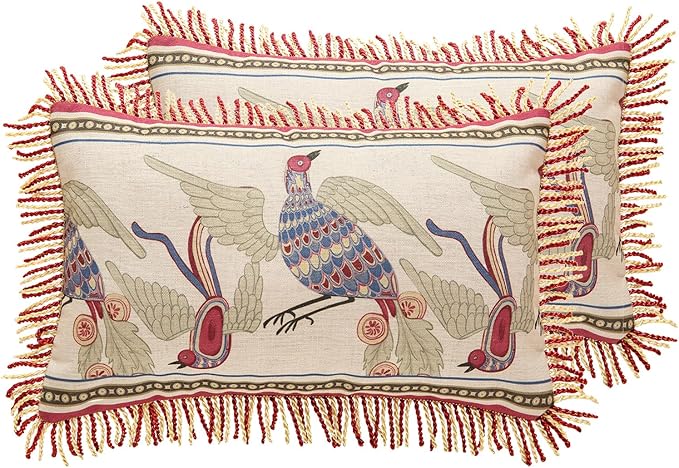 patdrea Designer Throw Pillow Covers 12"x20",Vintage Red Flying Bird Pattern Linen Pillowcases with Tassel Edges Pillows Cover for Couch,Decorative Lumbar Cushion for Bed Outdoor Car,Set of 2