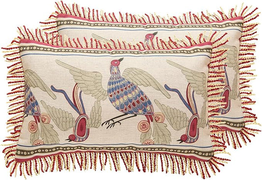 patdrea Designer Throw Pillow Covers 12"x20",Vintage Red Flying Bird Pattern Linen Pillowcases with Tassel Edges Pillows Cover for Couch,Decorative Lumbar Cushion for Bed Outdoor Car,Set of 2