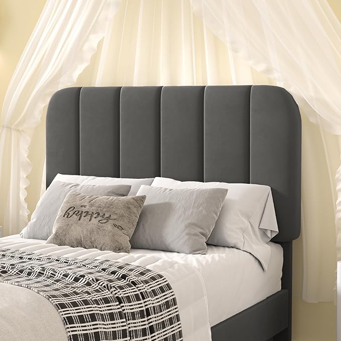 VECELO Twin Size Bed Frame with Upholstered Headboard, Velvet Platform Bedframe Mattress Foundation, Strong Wood Slat Support, No Box Spring Needed,Grey