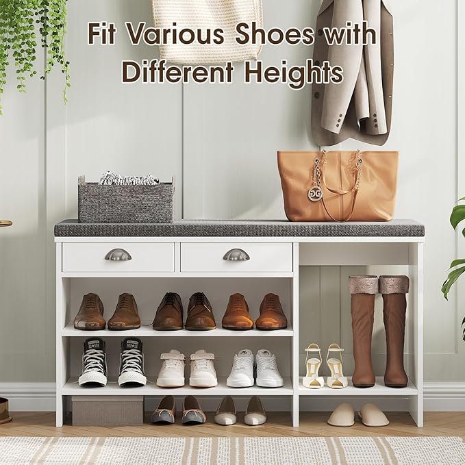 Maupvit Shoe Storage Bench with Cushion, Shoe Bench with Padded Seat, Entryway Storage Bench with Drawer, 2 Compartments, Wood Shoe Rack for Bedroom, Closet, Living Room, Hallway (White)