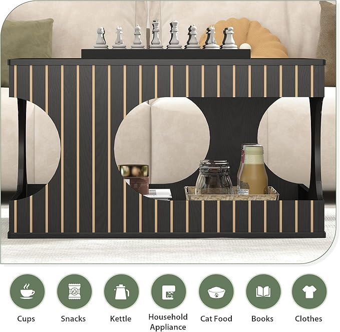 31.5" Square Coffee Table with Storage, Mid-Century Modern Center Table with Arched Cutouts and Carved Lines, 2-Tier Tea Table for Living Room, Cat-Friendly Base (Black)