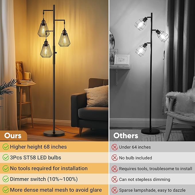 QiMH Industrial Floor Lamps for Living Room, Tree Standing Lamp with Stepless Dimmable, 68" Modern Tall Lamps for Bedroom Study Home Office, Rotary Switch, 3 LED Bulb Included, Black