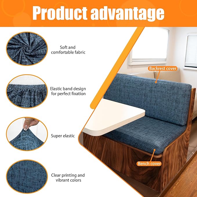 Rv Dinette Cushion Covers,Printing Stretchable Camper Cushion Cover,RV Cushion Slipcover,Rv Couch Cover Replacement for RV Camper Car Bench,2 Backrest Covers and 2 Bench Covers (Grid deep blue)