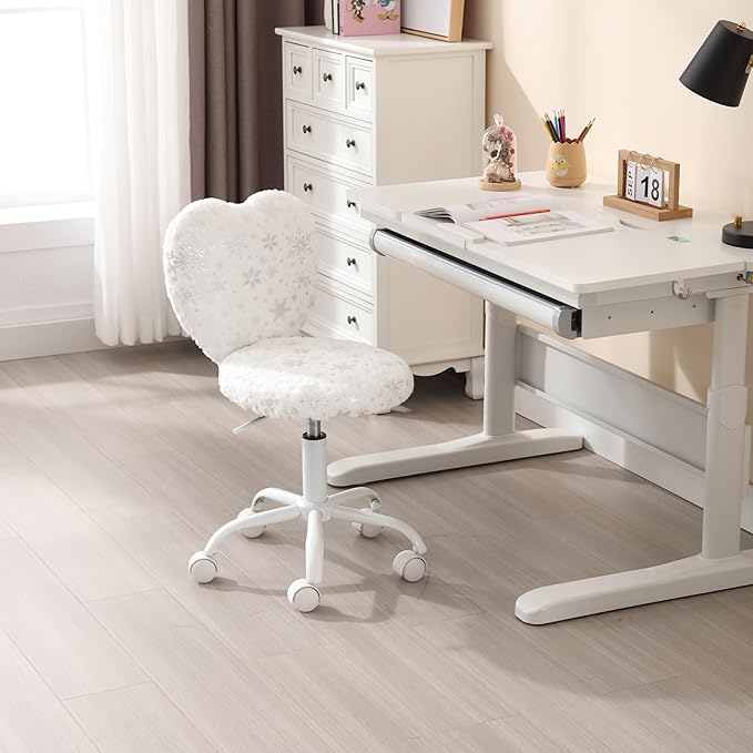 Kmax Kids Reading Chair, Rolling Cute Desk Chair for Girls Swivel Office Chair with Wheels & Heart Back Adjustable Childrens Vanity Chair for Bedroom Reading Room - Fur, Snowflake