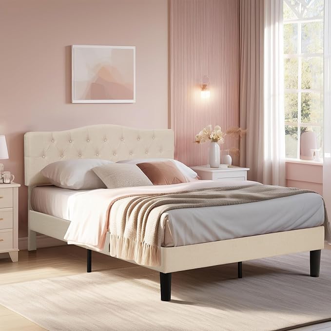 VECELO Full Size Bed Frame Upholstered Platform with Tufted Adjustable Headboard/Mattress Foundation with Wood Slat Support, Easy Assembly,Beige