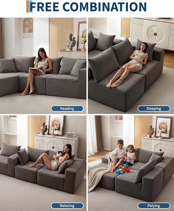 Garvee 108" Modular Sectional Sofa,Cloud Couch Sectional with Left Chaise | Compressed l Shaped Sofa for Living Room | Boneless Couch & Sofa Bed Design,No Assembly Required, Gray