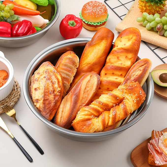 Nuogo 8 Pcs Stainless Steel Mixing Bowls Metal Mixing Bowls Extra Large Basin Salad Basin Deeper Edge Dishwasher Safe Mirror Finish for Home and Commercial, Silver (16 Inch 13 Qt)