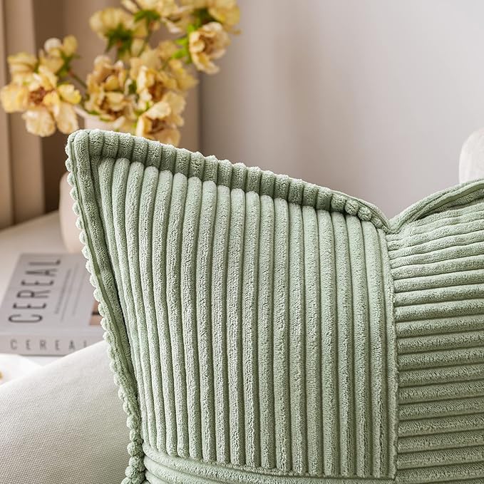 MIULEE Decorative Throw Pillow Covers for Couch Bed Livingroom 20x20 Inch Set of 2 Sage Green Boho Accent Throw Pllows Broadside Striped Patchwork Soft Corduroy Pillowcases
