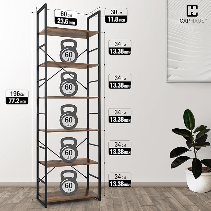 CAPHAUS 6 Tier Bookshelf, 24 Inch Width Free Standing Shelf, Bookcase Shelf Storage Organizer, Industrial Book Shelves for Home Office, Living Room, Kitchen, Rustic Oak Vintage Shelves & Metal Frame