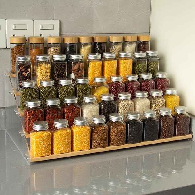 nianfeng Tiered Spice Rack, 5-Tier Spice Pantry Kitchen Cabinet Organizer, 19.9-Inch, Natural Wood Acrylic Stair Riser Stand, Countertop Seasoning Shelf