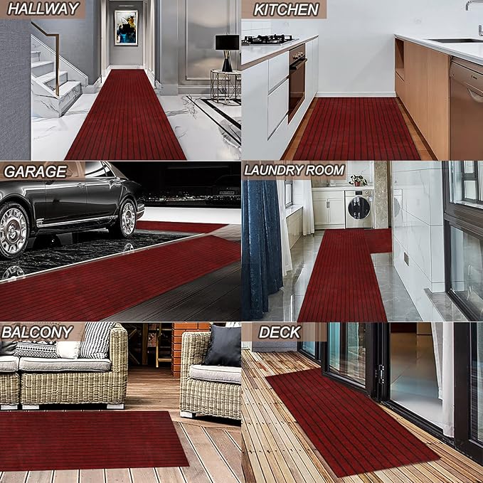 3' x 9' Runner Rugs with Rubber Backing, Indoor Outdoor Utility Carpet Runner Rugs, Stripe Red, Can Be Used as Aisle for The RV and Boat, Laundry Room and Balcony