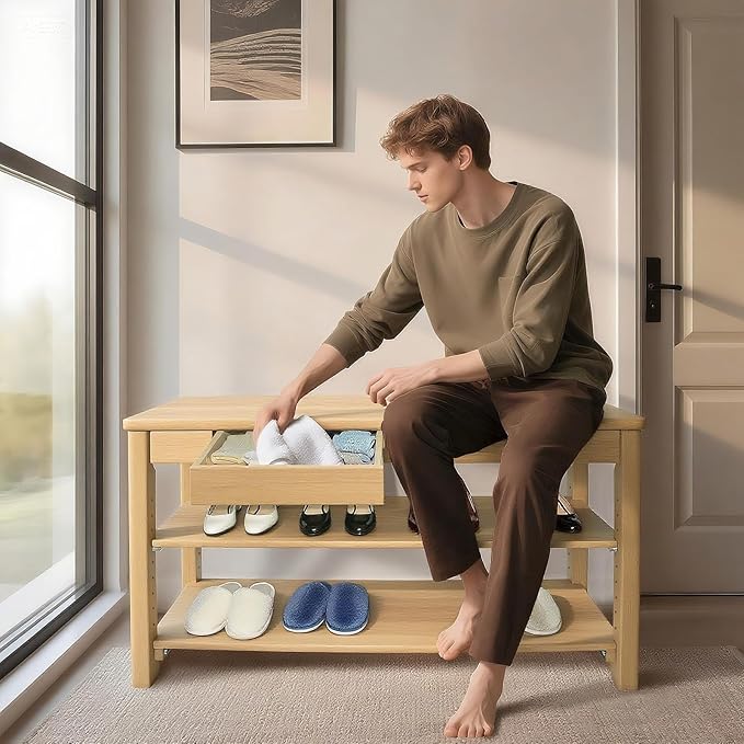 Wood Shoe Bench Entryway with Drawer: 2-Tiers Wooden Storage Shoe Rack with Bench Seat, Compact Mid-Century Modern Design for Entryway, Hallway,Closet,Front Door Entrance,Foyer Natural 39.3"