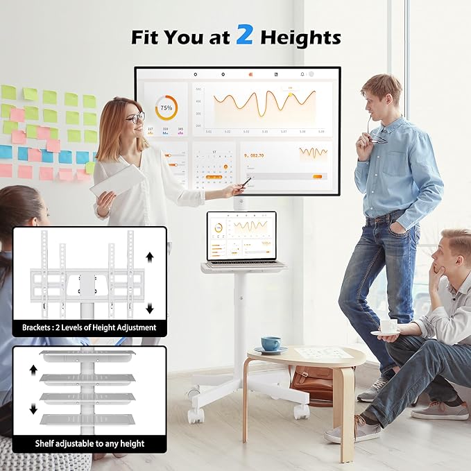BONTEC Mobile TV Stand with Tilt Function, Rolling TV Stand for 23-60" LED, LCD, OLED TVs, Holds up to 88lbs, Max VESA 400x400mm, Adjustable Media Shelf, TV Cart for Living Room, Bedroom, Office