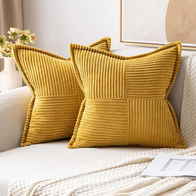 MIULEE Decorative Throw Pillow Covers for Couch Bed Livingroom 20x20 Inch Set of 2 Fall Mustard Yellow Boho Accent Throw Pllows Broadside Striped Patchwork Soft Corduroy Pillowcases