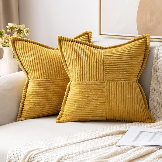 MIULEE Decorative Throw Pillow Covers for Couch Bed Livingroom 16x16 Inch Set of 2 Fall Mustard Yellow Boho Accent Throw Pllows Broadside Striped Patchwork Soft Corduroy Pillowcases