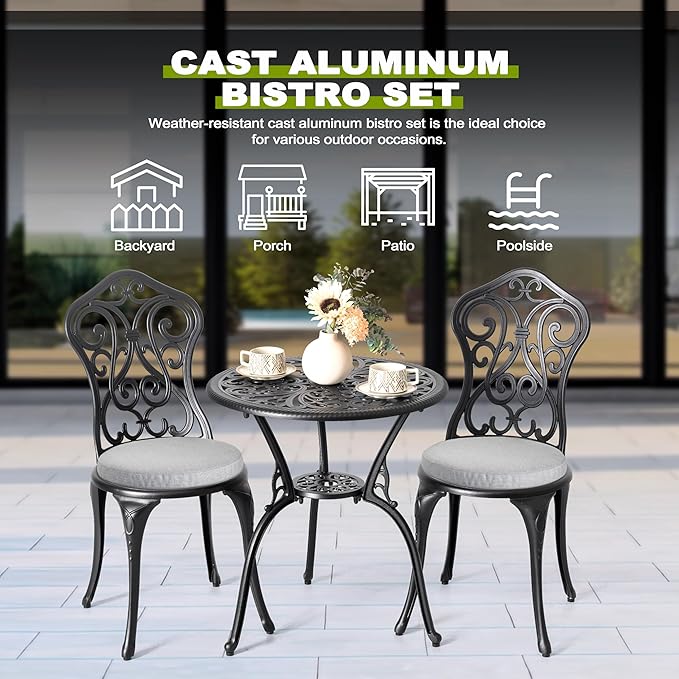 NUU GARDEN Patio 3-Piece Bistro Set with Olefin Cushions, Patio Chairs and Outdoor Round Table with Umbrella Hole, Cast Aluminum Patio Set for Lawn, Garden, Porch, Poolside, Black