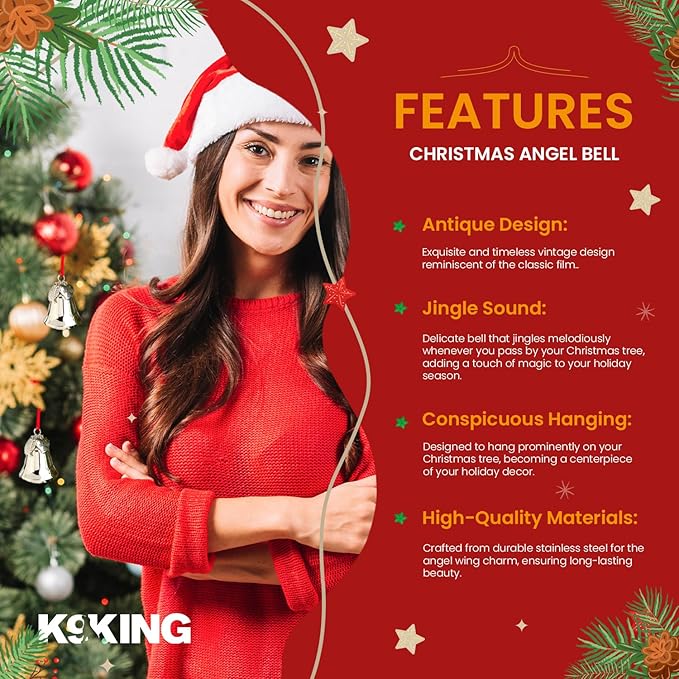 It's a Wonderful Life Inspired Christmas Angel Bell Ornament with Stainless Steel Angel Wing Charm. New Larger Size and Now Comes with 2 Interchangeable Ribbons. (Shiny Silver)