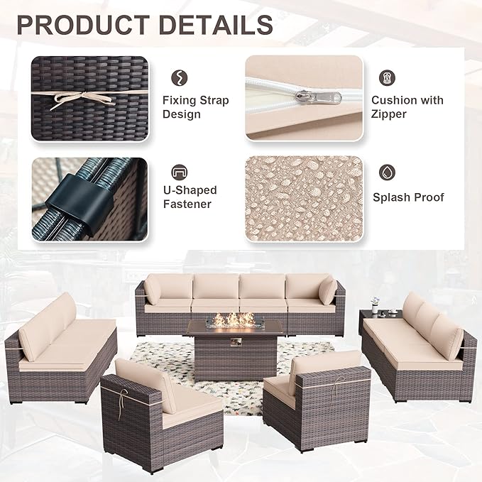 Kurapika 14 Pieces Patio Furniture Set, Rattan Wicker Outdoor Conversation Sets w/43in Propane Fire Pit Table and 4 Inch Cushion(Sand)
