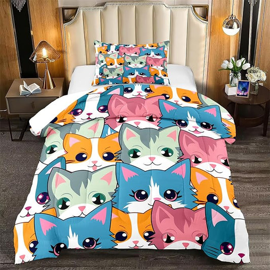 Cat Twin Comforter Set for Girls - Neon Cat Bedding Set for Girls Bedroom, Twin Size