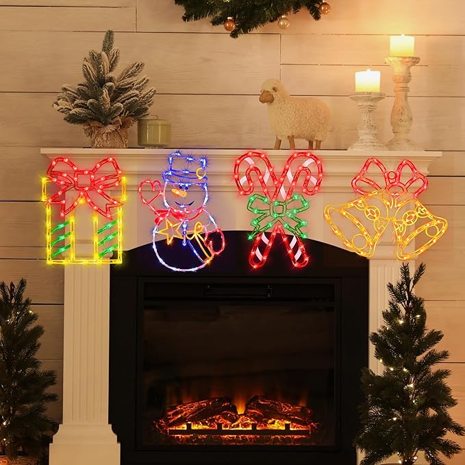 Christmas Decorations - 16" Christmas Window Silhouette Lights - 4 Pack Colour Lighted Gift Box ＆ Snowman ＆ Candy Cane ＆ Bell for Holiday Indoor and Outdoor Wall Door Window Decorate