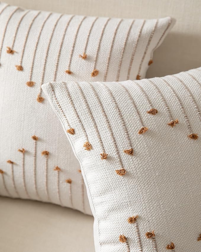 Caflife Boho Throw Pillow Covers 18x18 Set of 2 Decorative Pillows for Bed, Neutral Pillow Covers Beige with Brown Line Throw Pillows for Modern Farmhouse Couch Sofa Living Room Outdoor