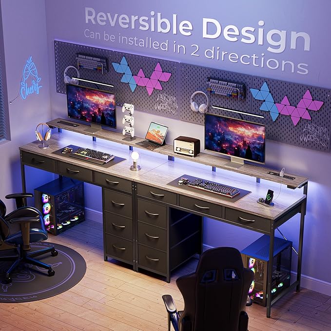 Huuger Gaming Desk with 6 Drawers, Computer Desk with LED Lights Power Outlets and Type-C, 39 Inch Office Desk with Storage, Monitor Stand, Writing Desk Work Desk for Home Office, Bedroom, Study, Grey