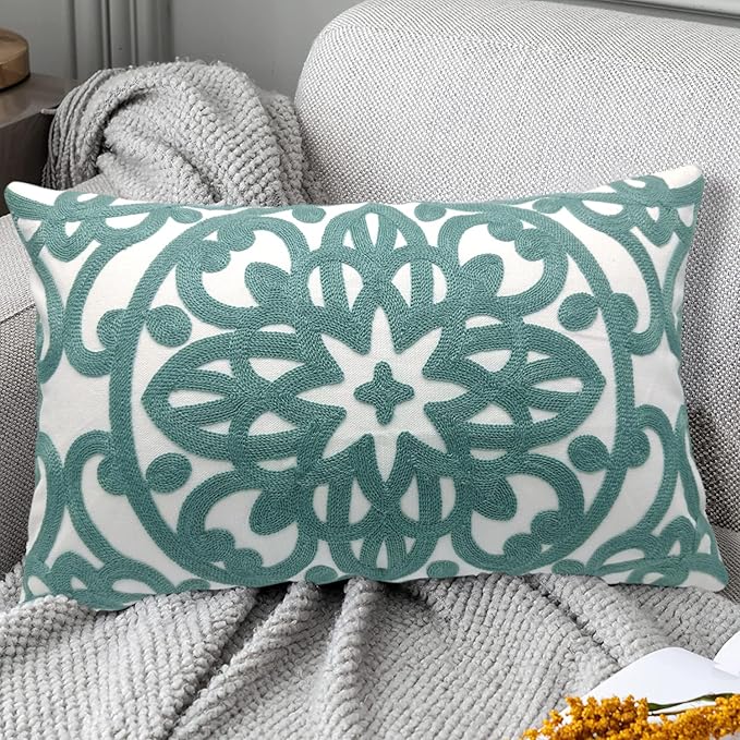 Alysheer Embroidered Lumbar Decorative Throw Pillow Cover 12"x 20", Classic Boho Mandala Embroidery Pattern Cotton Farmhouse Rectangular Cushion Case for Sofa Couch Living Room Bedroom(Dusty Blue)