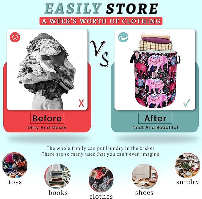 Pink Mandala Elephants Laundry Basket Foldable With Handles Boho Tote Bag Waterproof Oxford Cloth Colorful Laundry Hamper 18.9"x1 6.5 "Clothe Storage Bucket Toy Organizer For Bathroom/Laundry/Bedroom