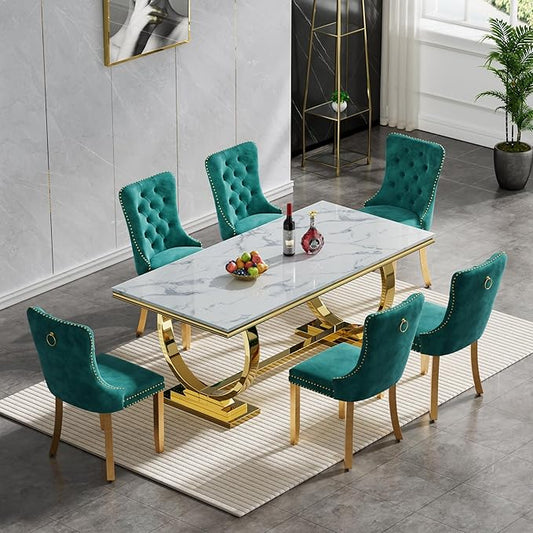 Goujxcy 7 Piece Marble Dining Table Set for 6, Luxury White Marble Gold Kitchen Table with 6 Green Velvet Upholstered Chairs, Modern 6 Person Dining Room Table Set for Kicken Dining Office Room