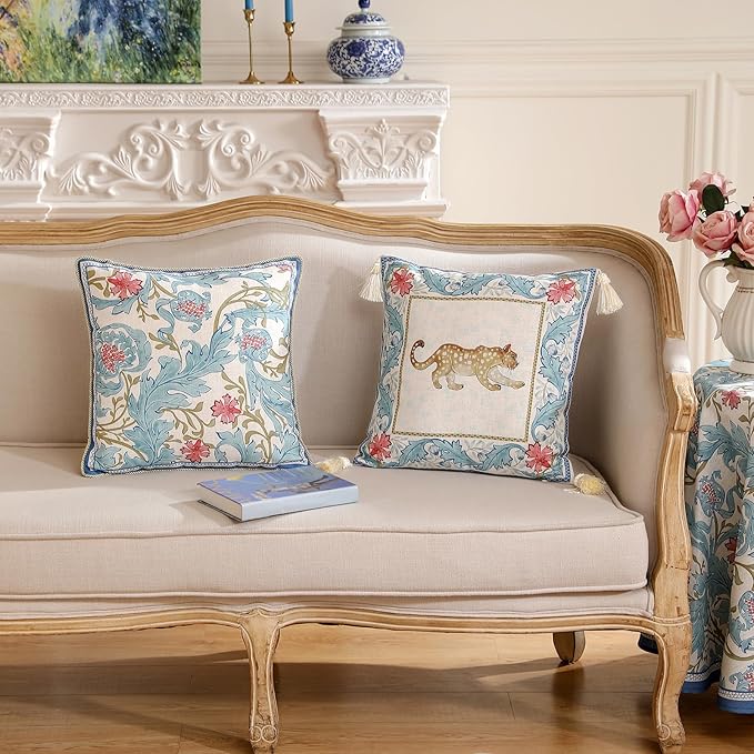 patdrea Designer Throw Pillow Covers for Couch 18"x18",Vintage French Linen Pillows Cover with Blue Floral Pattern,Fall Luxury Farmhouse Decorative Pillowcases for Bed Living Room Outdoor Set of 2