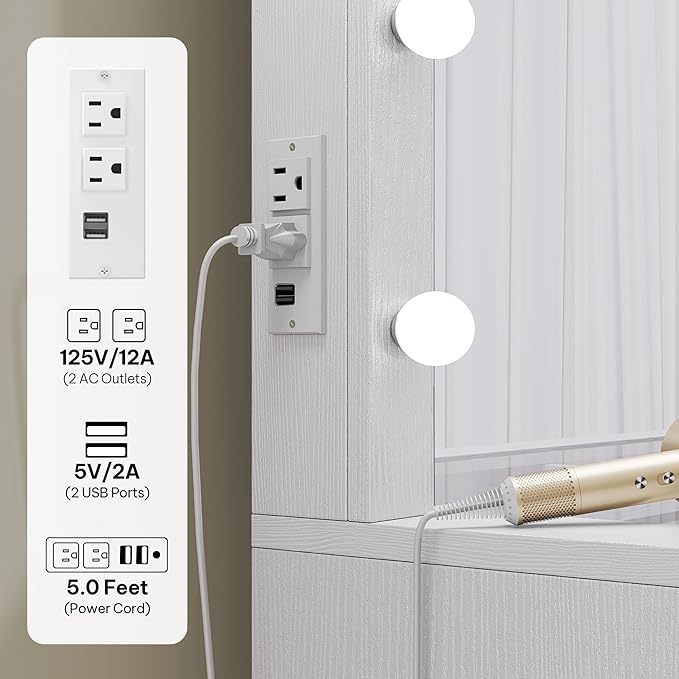 DWVO White Vanity Desk with Mirror: Makeup Table Set with 14 LED Lights & Charging Station Magnifying Mirror, 3 Light Modes, 8 Drawers and Storage Stool