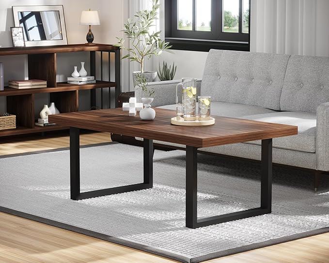 IBF Rustic Coffee Table, Simple Vintage Center Table, Minimalist Industrial Living Room Table, Farmhouse Wood and Metal Rectangle Tea Coffee Table for Home Bedroom Office, Walnut, 47 Inch