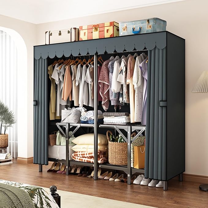 Gray Large Portable Armoire Wardrobe Closet with Foldable Clothing Wardrobe 25MM Steel Pipe Metal Frame Clothes Rack,One Piece Folding Design