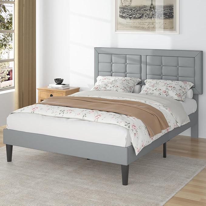 VECELO Queen Size Bed Frame with Adjustable Headboard, Upholstered Button Tufted Platform Bedframe with Wood Slats Support, No Box Spring Needed, Light Grey