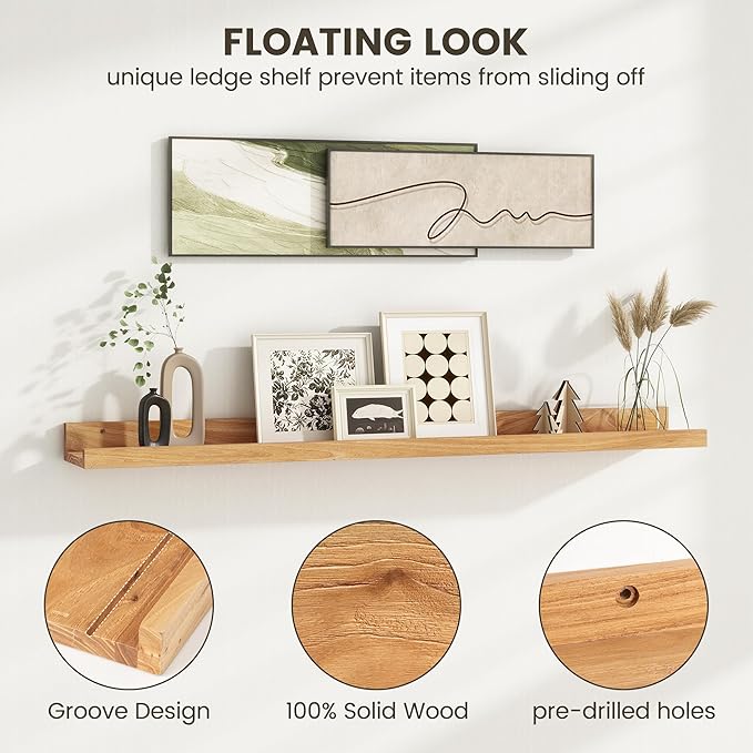 Picture Ledge Shelf, 48 Inch Long Floating Shelves for Wall, Nursery Bookshelf for Storage with Lip, Rustic Elm Wood Photo Ledge Shelves for Bedroom, Living Room, Kitchen (Natural, 48in Set of 2)