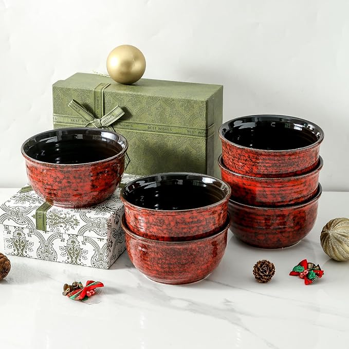 Hasense 20 Ounces Cereal Bowls, Ceramic Soup Bowls Set of 6, Snack Bowls for Kitchen, Salad, Pasta, Rice, Oatmeal, Microwave & Dishwasher Safe, Red