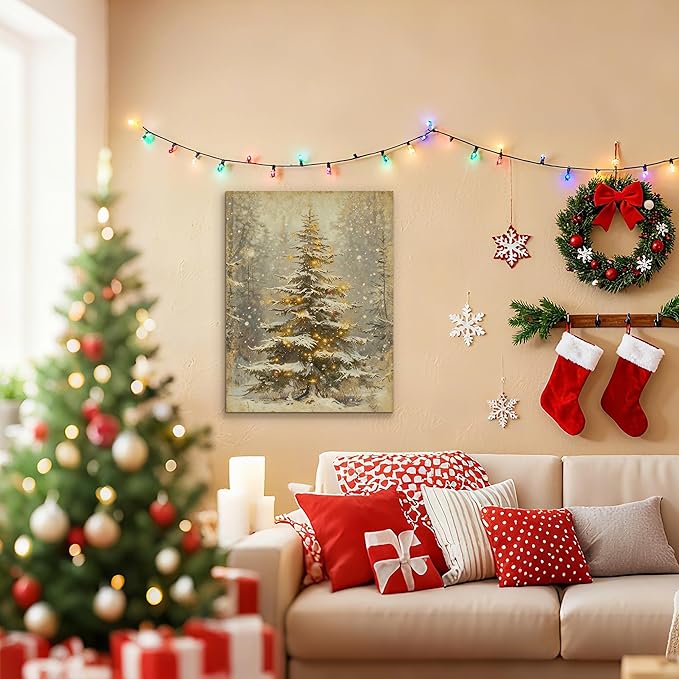 Framed Christmas Pictures Wall Decor,Vintage Pine Tree Prints,Winter Christmas Canvas Wall Art Decoration for Bedroom Bathroom Living Room Rustic Xmas Holiday Gifts (Christmas Tree 2, 20'' X 32'')