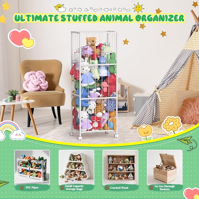 Stuffed Animal Storage, Large Stuffed Animal Zoo Holder, Sturdy Metal Plushies Toy Storage Organizer for Nursery Playroom Kids Room, White