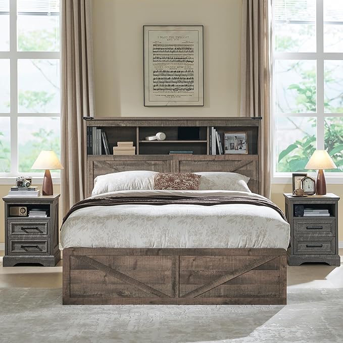ACCOHOHO Queen Bed Frame Farmhouse with 52" Storage Bookcase Headboard, 4 Drawers Wooden Bed Frame, LED Light, Charging Station - Light Brown