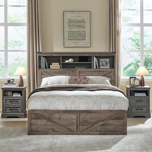 ACCOHOHO Queen Bed Frame Farmhouse with 52" Storage Bookcase Headboard, 4 Drawers Wooden Bed Frame, LED Light, Charging Station - Light Brown