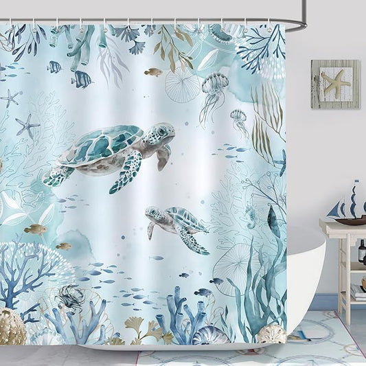 Bonhause Sea Turtle Shower Curtain for Bathroom Teal Blue Ocean Beach Coastal Decorative Bath Curtain 72 x 84 Inch Polyester Fabric Waterproof Bathroom Curtain with 12 Hooks