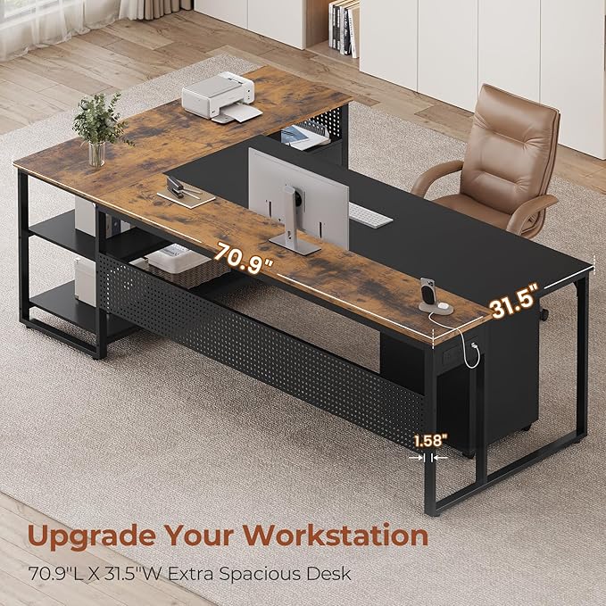 71" Executive Desk, Reversible L Shaped Desk with Mobile File Cabinet & Power Outlets, Large Office Desk with Drawers, Storage Shelves, Hooks, Corner Computer Desk for Home Office