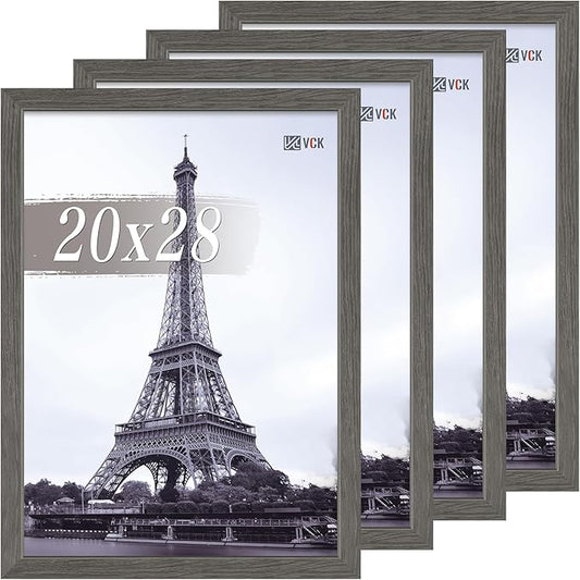 VCK 20x28 Picture Frame Set of 4 - Grey, Gallery-Quality Wood Poster Frames, 1.1-Inch Wide Border, Polished Plexiglass, Vertical or Horizontal Wall Display for Photo/Art/Prints, Grey