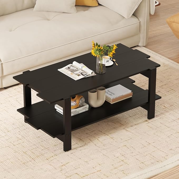 Giantex Coffee Table with Storage, 45 Inch Modern Center Table with Slatted Design & Side Rail Support, Rectangular Living Room Table for Small Spaces, Black