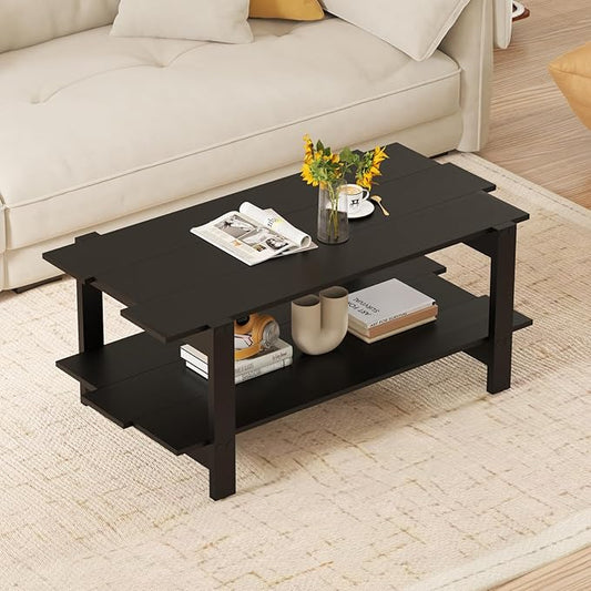 Giantex Coffee Table with Storage, 45 Inch Modern Center Table with Slatted Design & Side Rail Support, Rectangular Living Room Table for Small Spaces, Black
