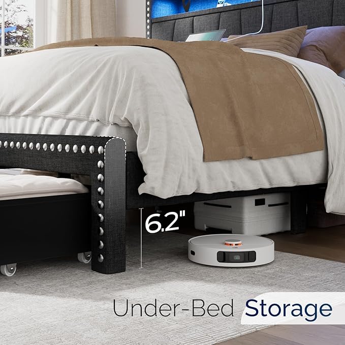 Full Size Bed Frame with Storage Headboard and Drawers Modern Rivets Upholstered Bed Frame with LED Charging Station Full Bedframe No Box Spring Needed