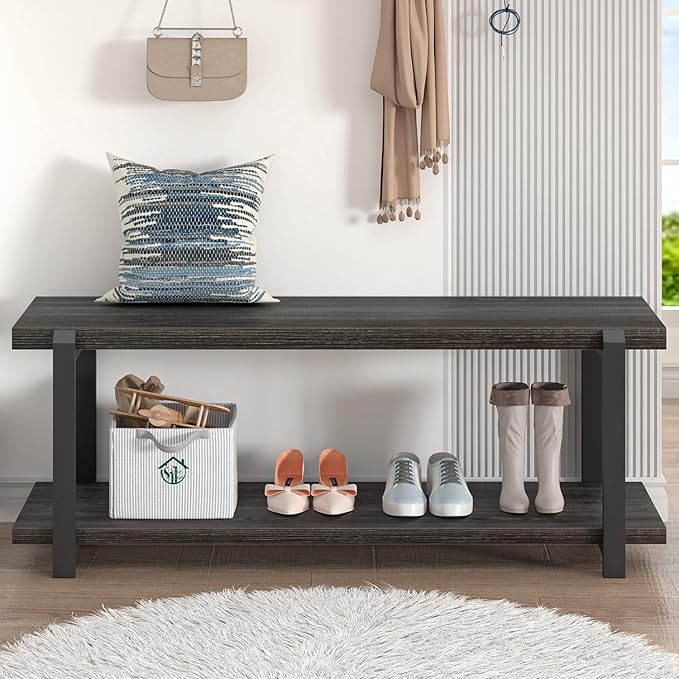 FOLUBAN 47 Inch Shoe Storage Bench, Rustic Wood and Metal Entryway Bench for Hallway Front Door Entrance, Vintage Indoor Shoe Rack Bench Seat for Bedroom Living Room, Dark Gray