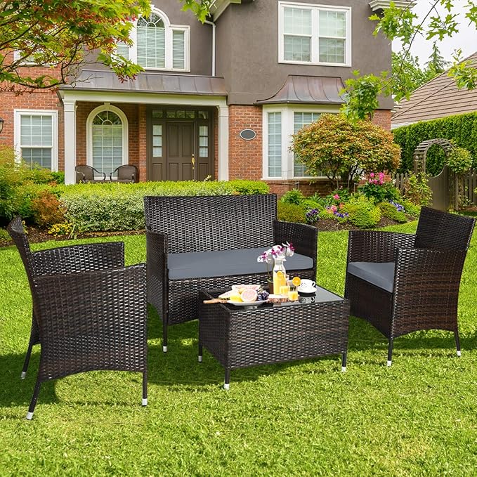 Tangkula 8 PCS Patio Rattan Conversation Set, Outdoor Wicker Furniture Set with Tempered Glass Coffee Table &Thick Cushion, Rattan Chair Wicker Set for Garden, Lawn, Poolside and Backyard (2, Gray)