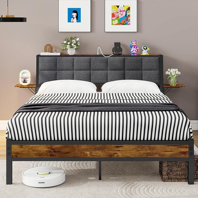 Queen Bed Frame with Headboard,Metal Platform Bed Frame Queen Size with Storage and USB Charging Station,Upholstered Bed Frames with Metal Slats/No Box Spring Needed/Under Bed Storage/Noise Free