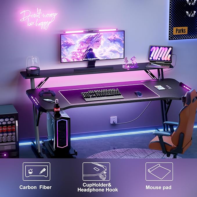 55 Inch Gaming Desk, Smart Computer Gamer Desk with LED Lights & Mouse Pad, Gaming Table with Power Outlet, Monitor Stand, Side Hook, Ergonomic Work Desks for Home Office, Carbon Fiber Black